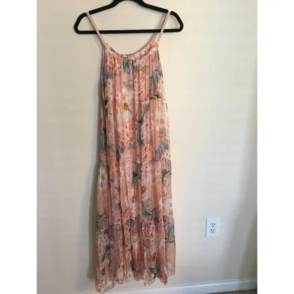Elena Baldi Maxi Dress Blush Silk Blend Summer Floral Brunch Braided Straps XL - Picture 12 of 13